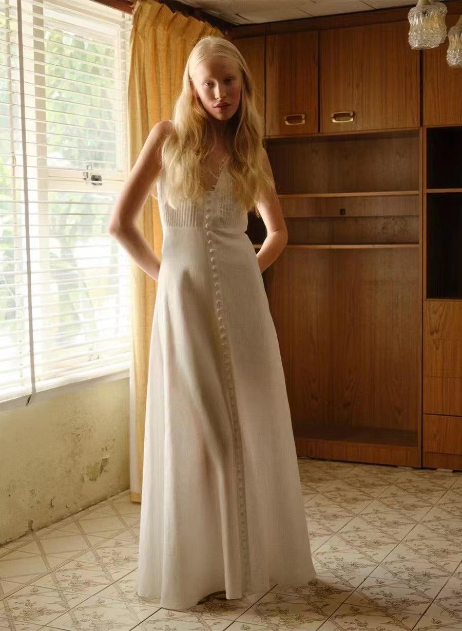 100% Linen white V-neck long holiday Maxi Dress - EnerChic -