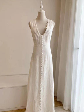 100% Linen white V-neck long holiday Maxi Dress - EnerChic -