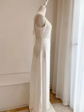 100% Linen white V-neck long holiday Maxi Dress - EnerChic -