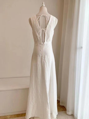 100% Linen white V-neck long holiday Maxi Dress - EnerChic -