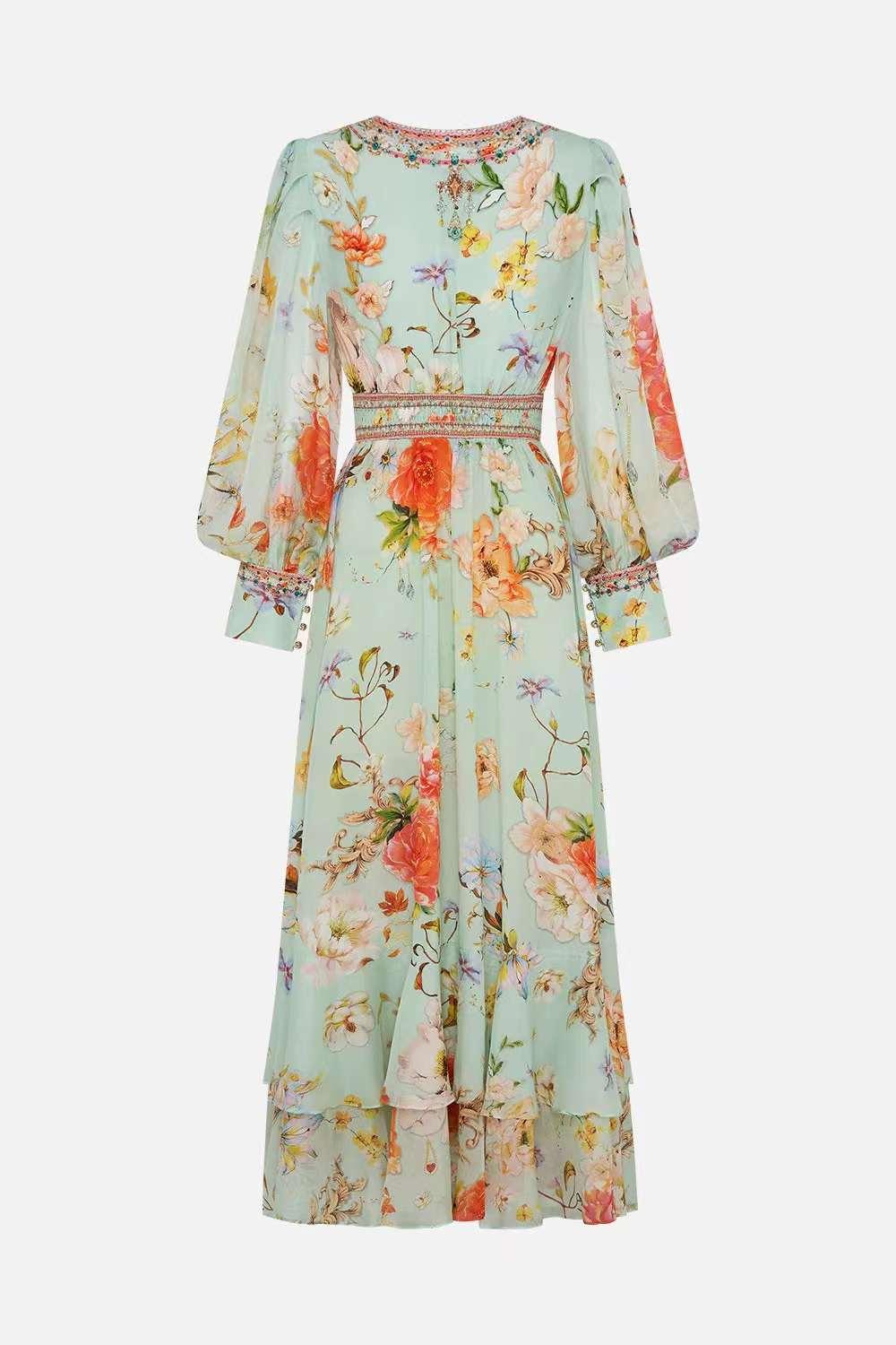 100%Silk print Maxi Dresses vacation dress - EnerChic -