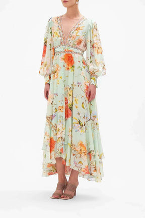 100%Silk print Maxi Dresses vacation dress - EnerChic -