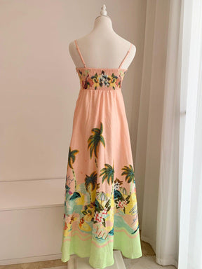 Chic Pink Linen Print Long Dress with Suspenders | Alemais™ - EnerChic