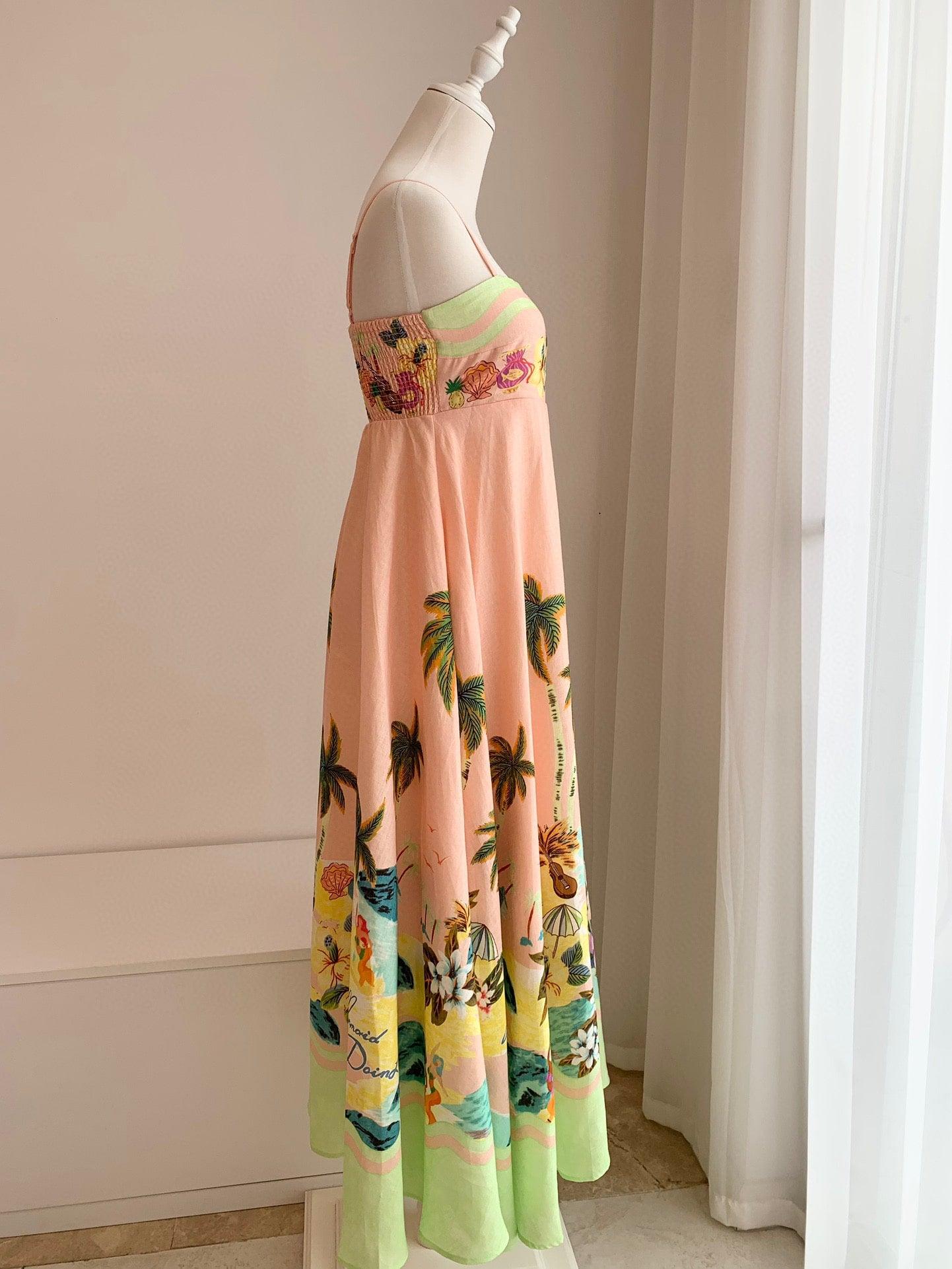 Chic Pink Linen Print Long Dress with Suspenders | Alemais™ - EnerChic