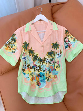 Chic Pink Linen Print Longshirt suit 2 piece set vacation | EnerChic ™ - EnerChic