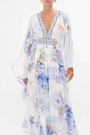 Silk chiffon Long Kaftan With Waist Detail Butter floria vacation dress - EnerChic -