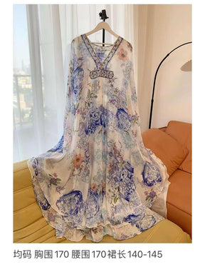 Silk chiffon Long Kaftan With Waist Detail Butter floria vacation dress - EnerChic -