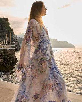 Silk chiffon Long Kaftan With Waist Detail Butter floria vacation dress - EnerChic -