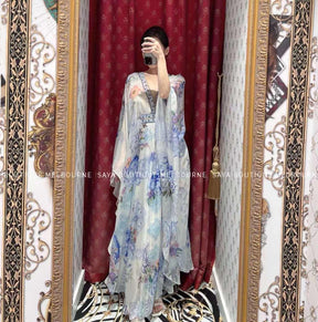 Silk chiffon Long Kaftan With Waist Detail Butter floria vacation dress - EnerChic -