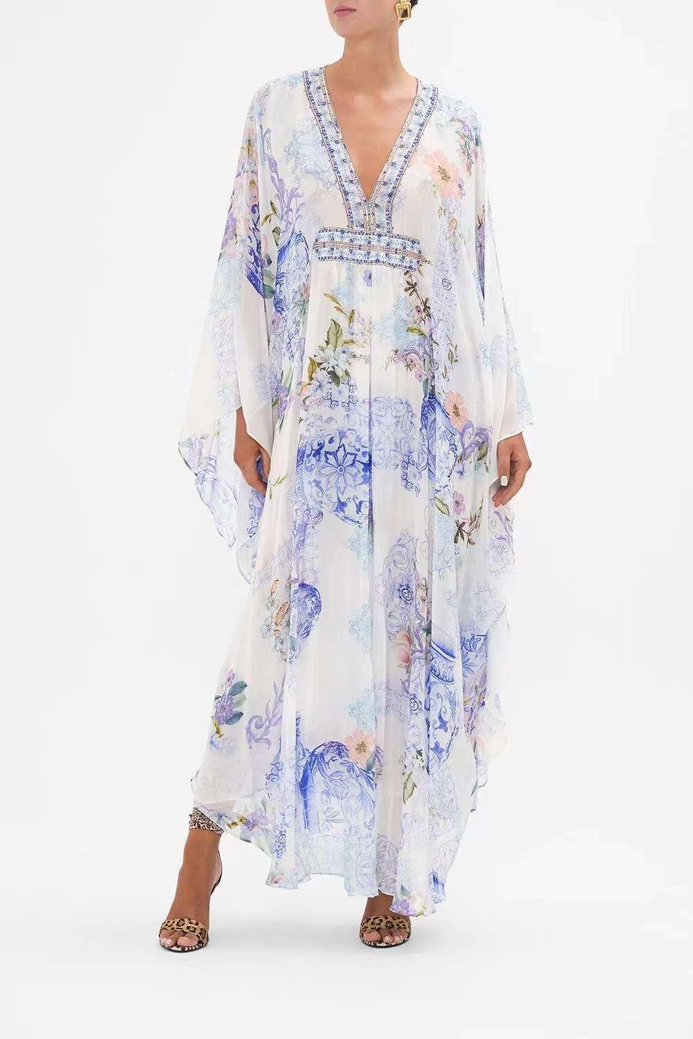 Silk chiffon Long Kaftan With Waist Detail Butter floria vacation dress - EnerChic -