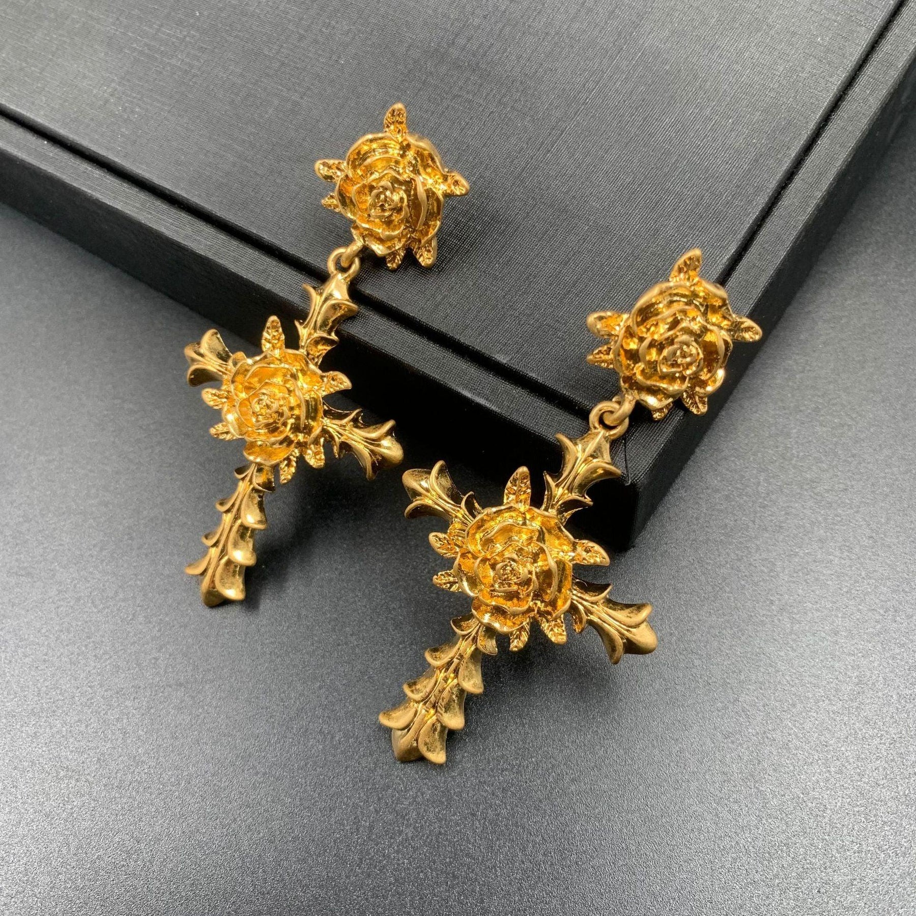 Three-dimensional rose cross | electroplated real gold and silver needle stud earrings - EnerChic