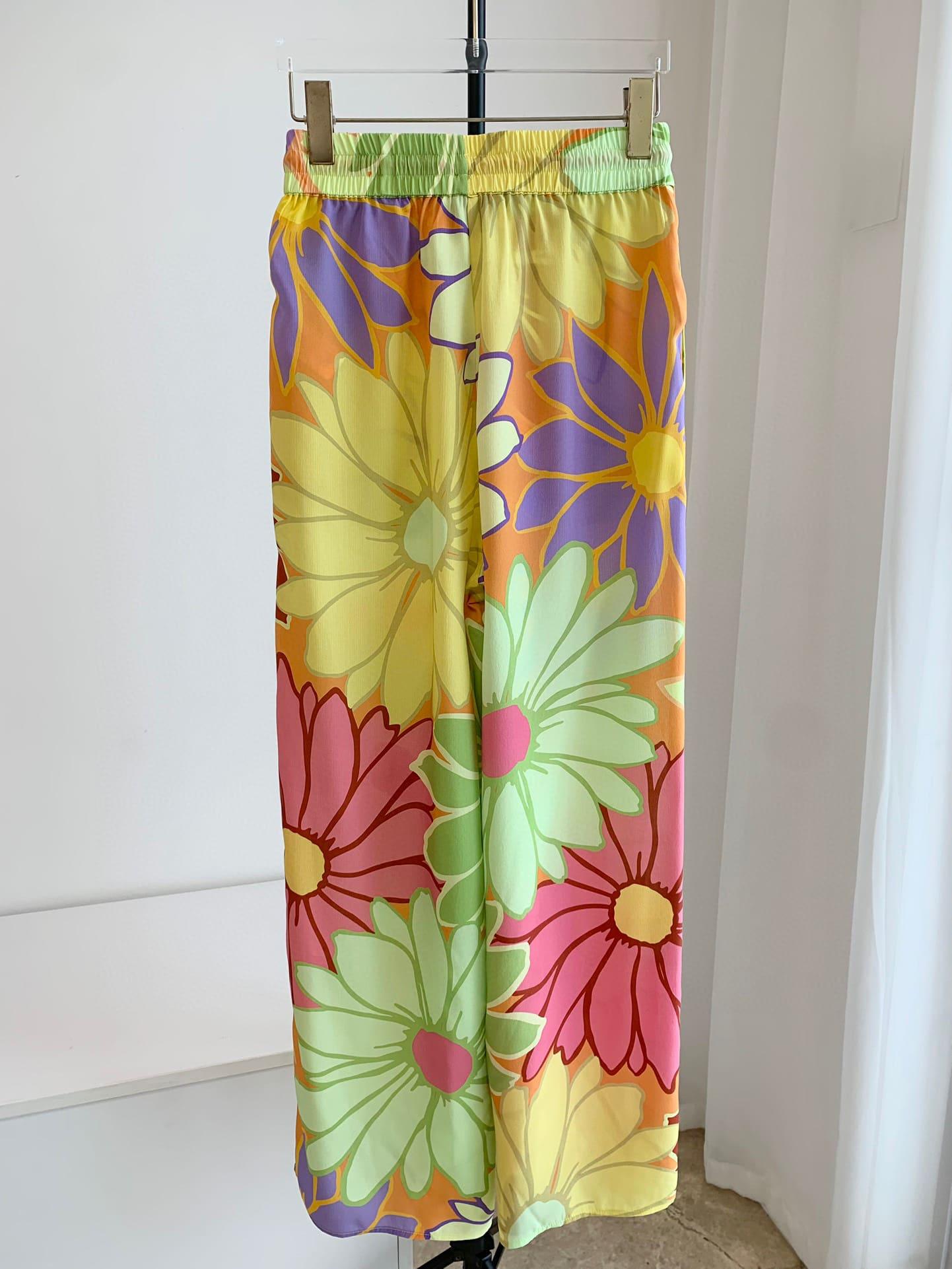 Vibrant Yellow Print Wide-Leg Silk Pants | EnerChic™ - EnerChic