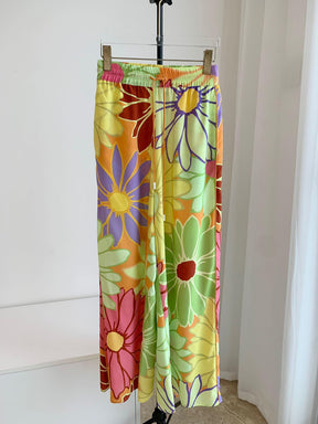 Vibrant Yellow Print Wide-Leg Silk Pants | EnerChic™ - EnerChic