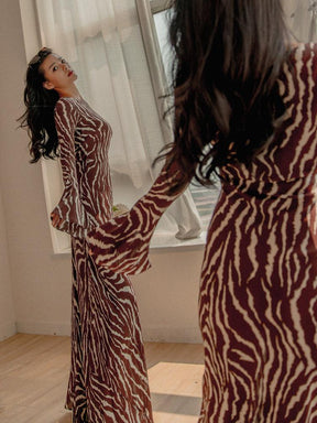 100%silk Zebra brown vacation dress | EnerChic ™ - EnerChic